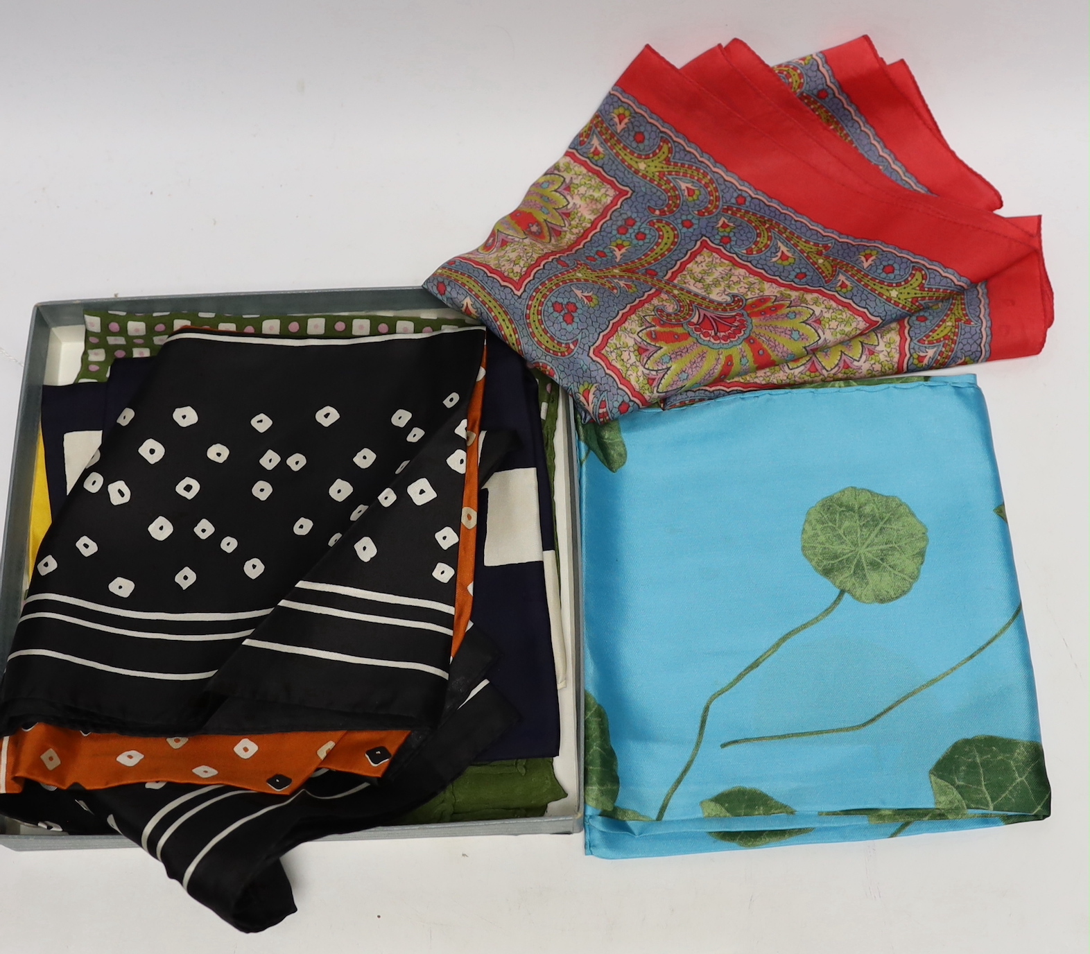 A collection of twenty one mixed silk and velour scarves, including Christian Dior, Pierre Cardin etc.